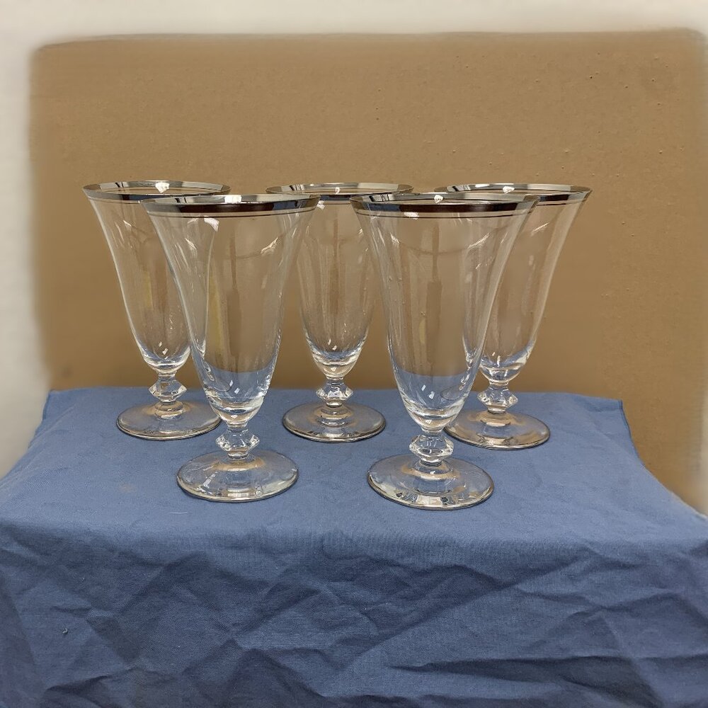 5 VINTAGE GLASTONBURY LOTUS MIRAMAR tea glasses, goblet, silver platinum ring